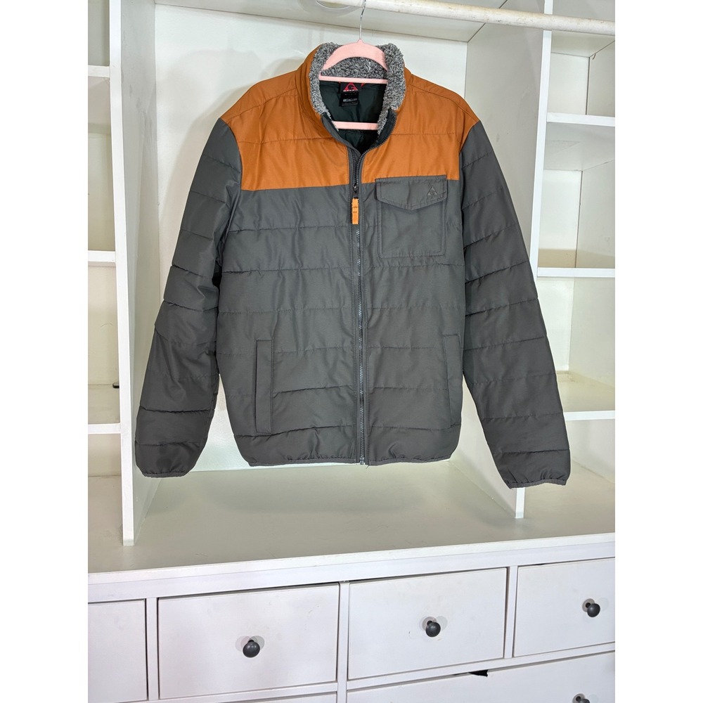 Gerry Puffer Jacket Mens XL Gray Orange Colorblock Sherpa Lined Full Zip
